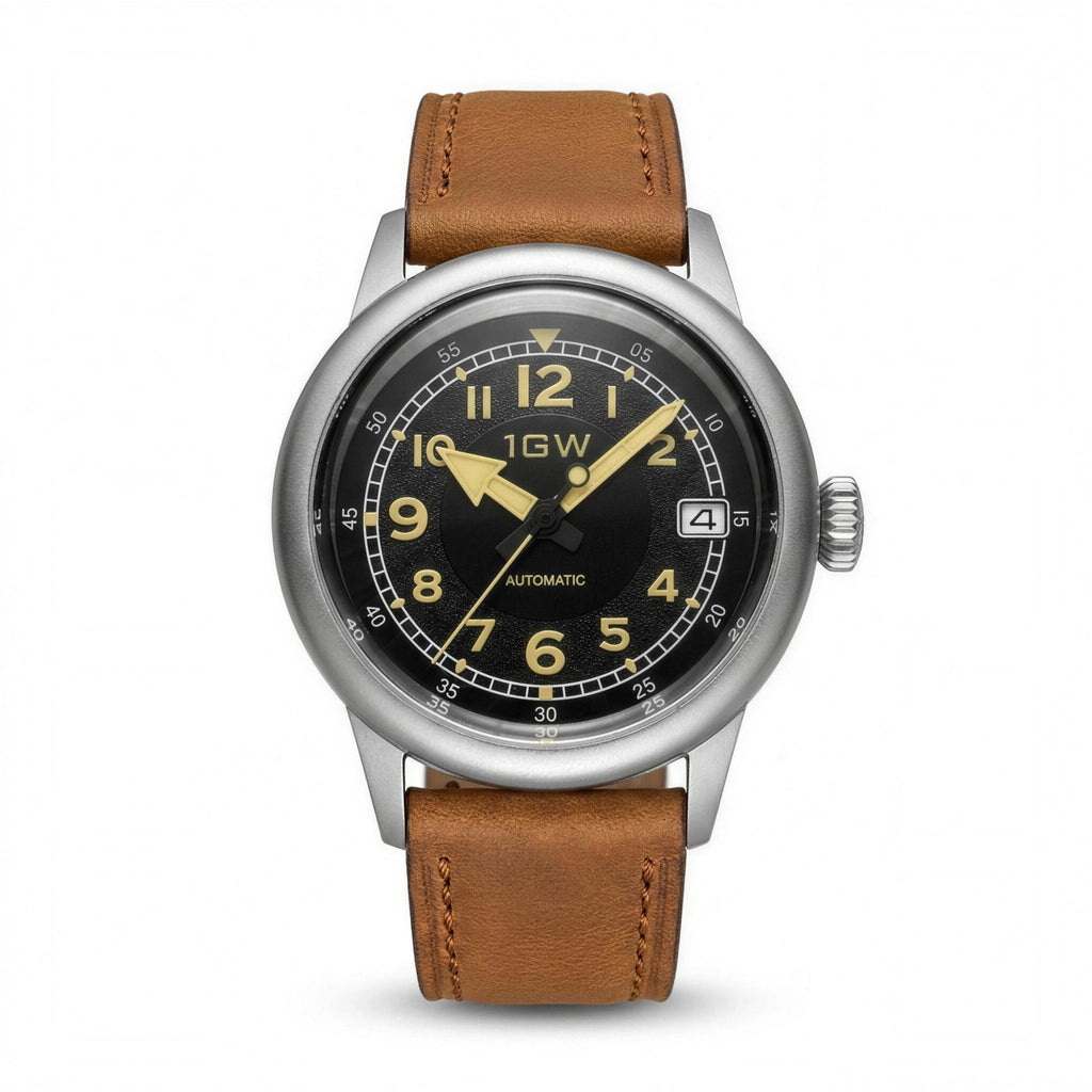 1GW Vintage Flieger automatic watch with black dial, gold-tone Arabic numerals, and brown leather strap on white