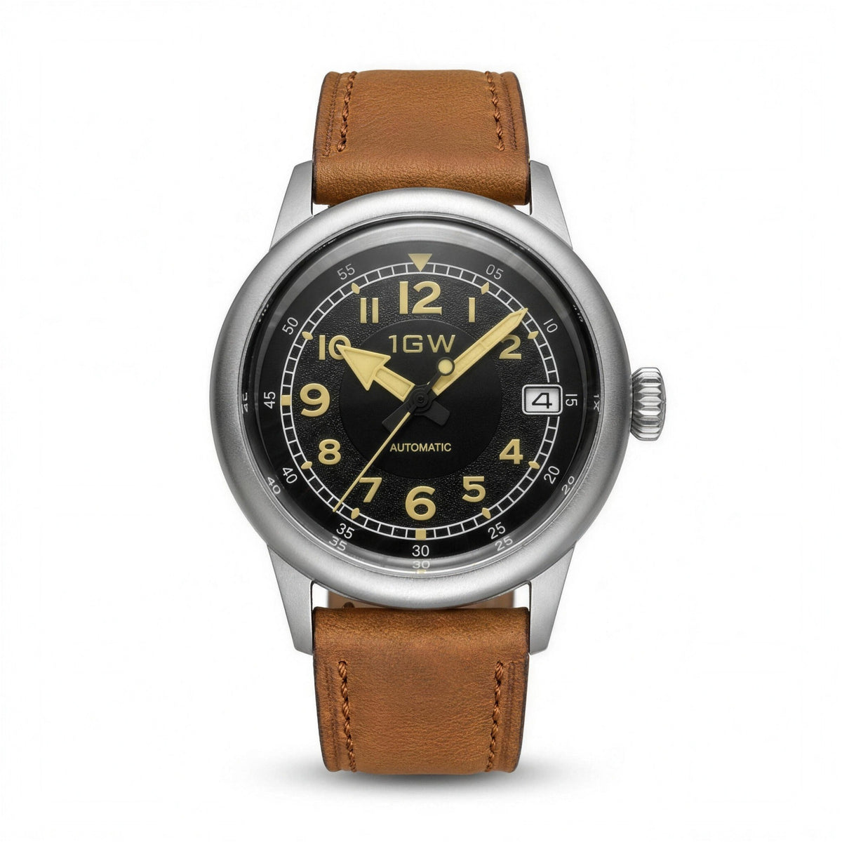 1GW Vintage Flieger automatic watch with black dial, gold-tone Arabic numerals, and brown leather strap on white