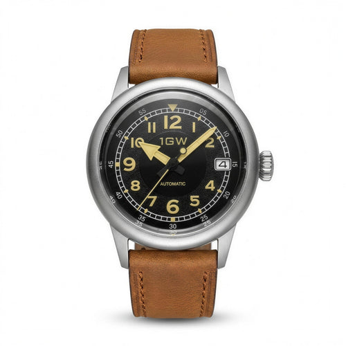 1GW Vintage Flieger automatic watch with black dial, gold-tone Arabic numerals, and brown leather strap on white