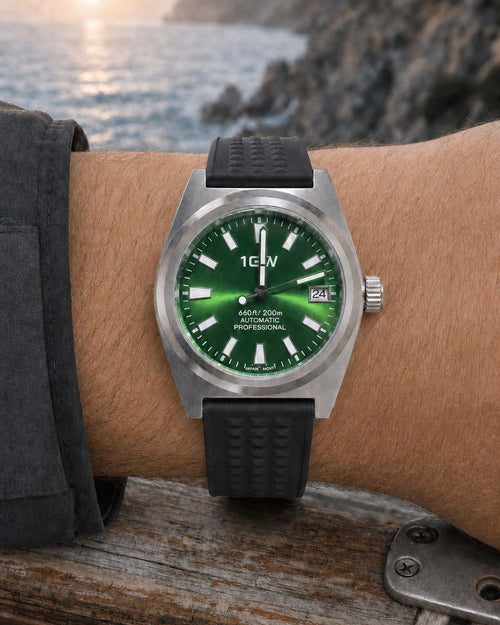 1GW Green Professional Diver automatic watch with green dial and black rubber strap on wrist
