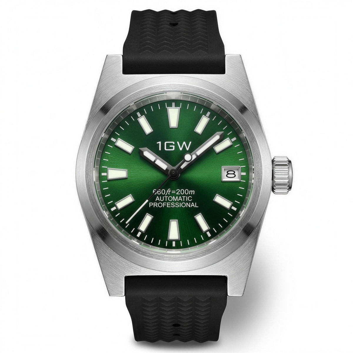 1GW Green Professional Diver automatic watch with green sunburst dial and black rubber strap