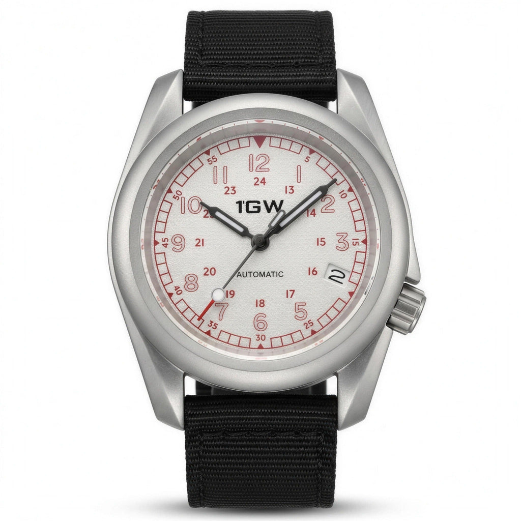 1GW White Field 24H automatic watch, off-white dial with red 24-hour scale, black nylon strap