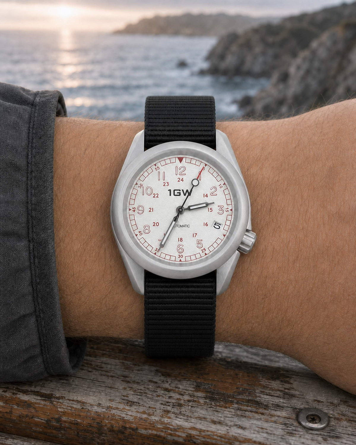 1GW White Field 24H on wrist at the coast