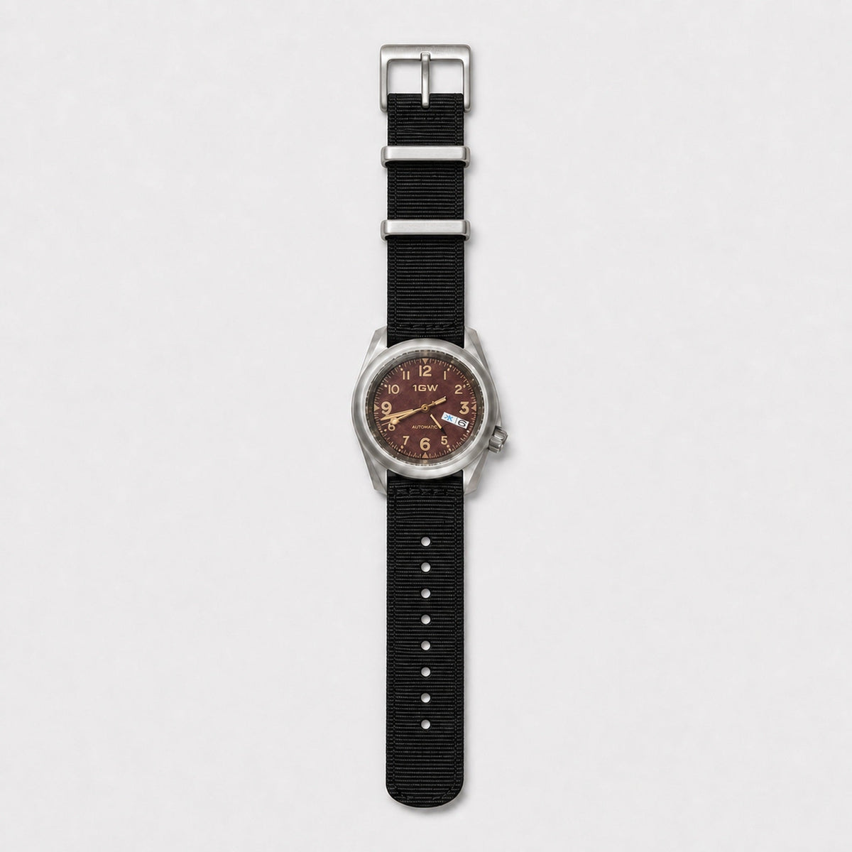 1GW Burgundy Day-Date flat overhead view with NATO buckle and metal keepers
