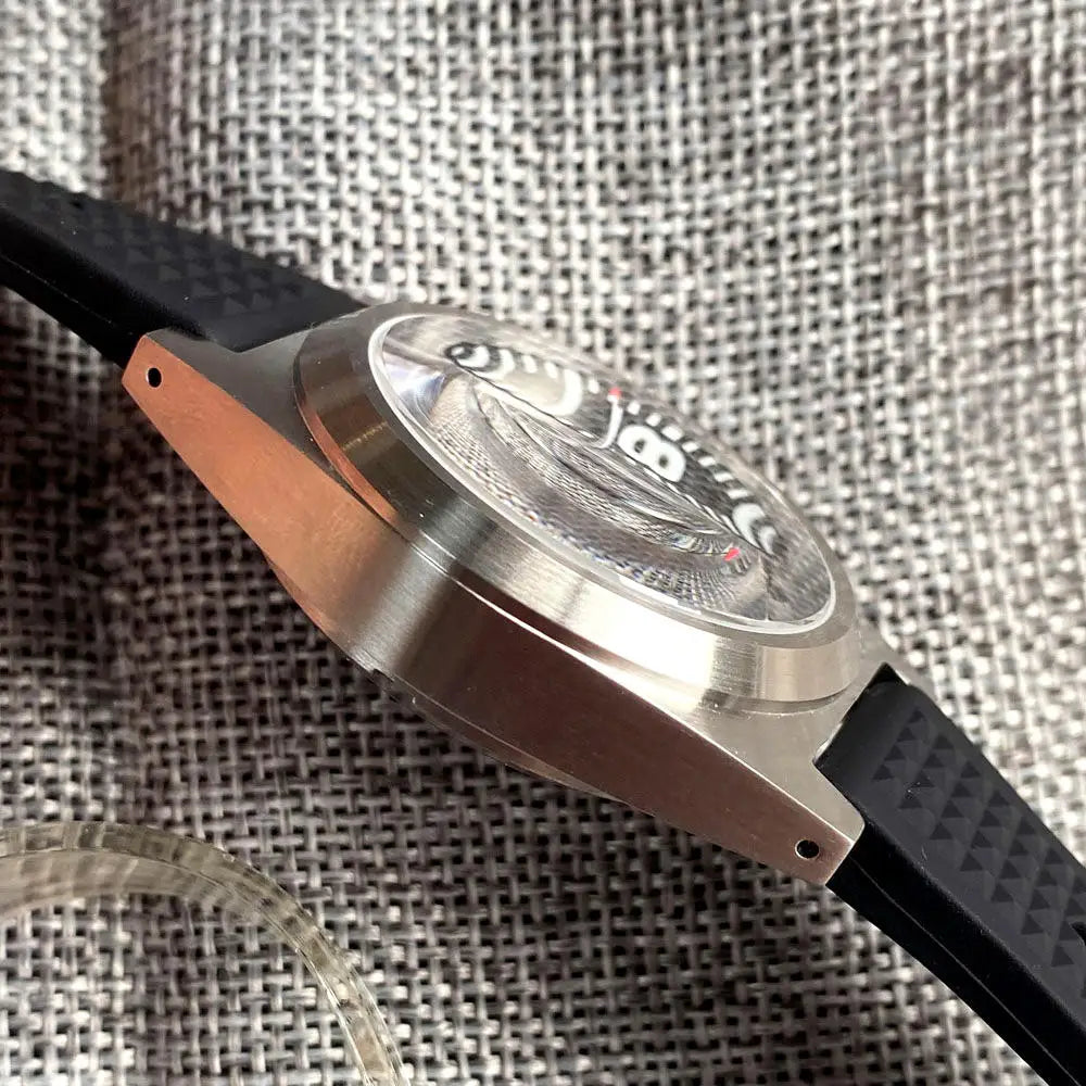 Black Explorer PT5000 38mm, case profile on a black rubber strap