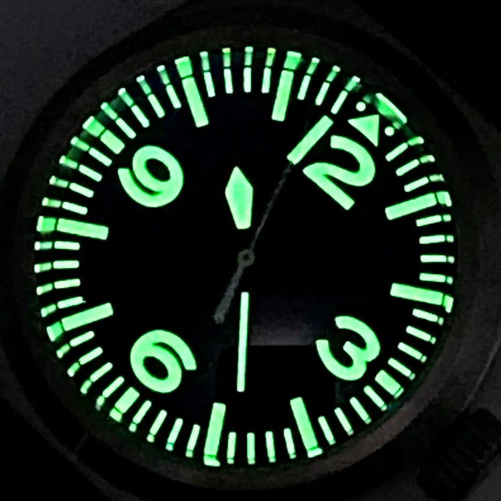 Black Explorer PT5000 38mm dial glowing green in the dark