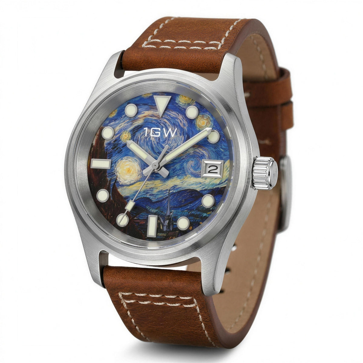 1GW Starry Night automatic watch, Van Gogh art dial, brown leather strap