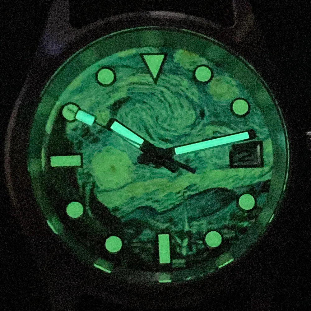 1GW Starry Night Automatic 36mm art dial glowing green in the dark