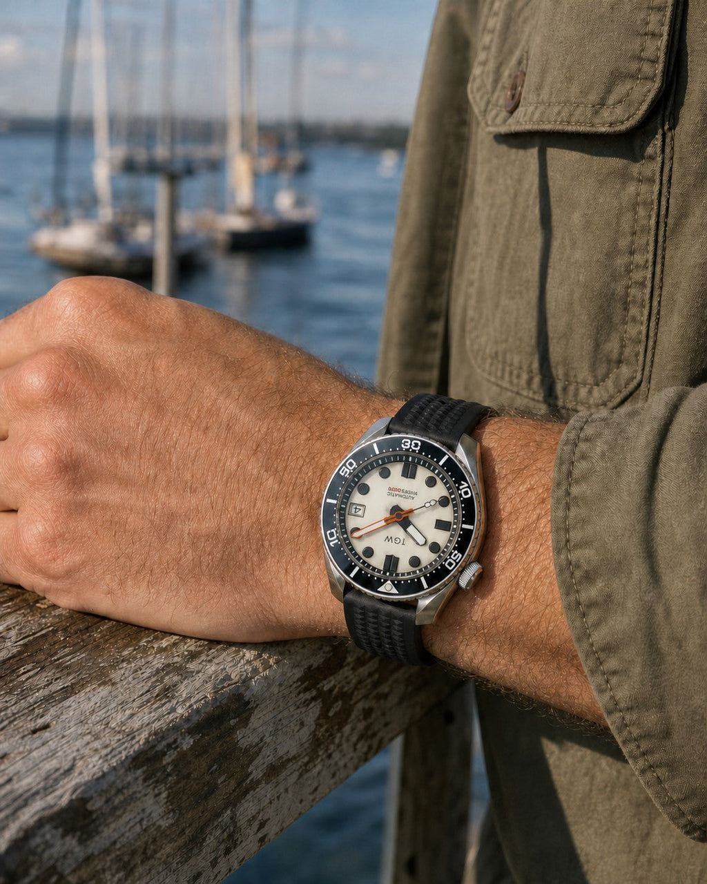 1GW Lume Cream Diver worn by the marina on a black rubber strap