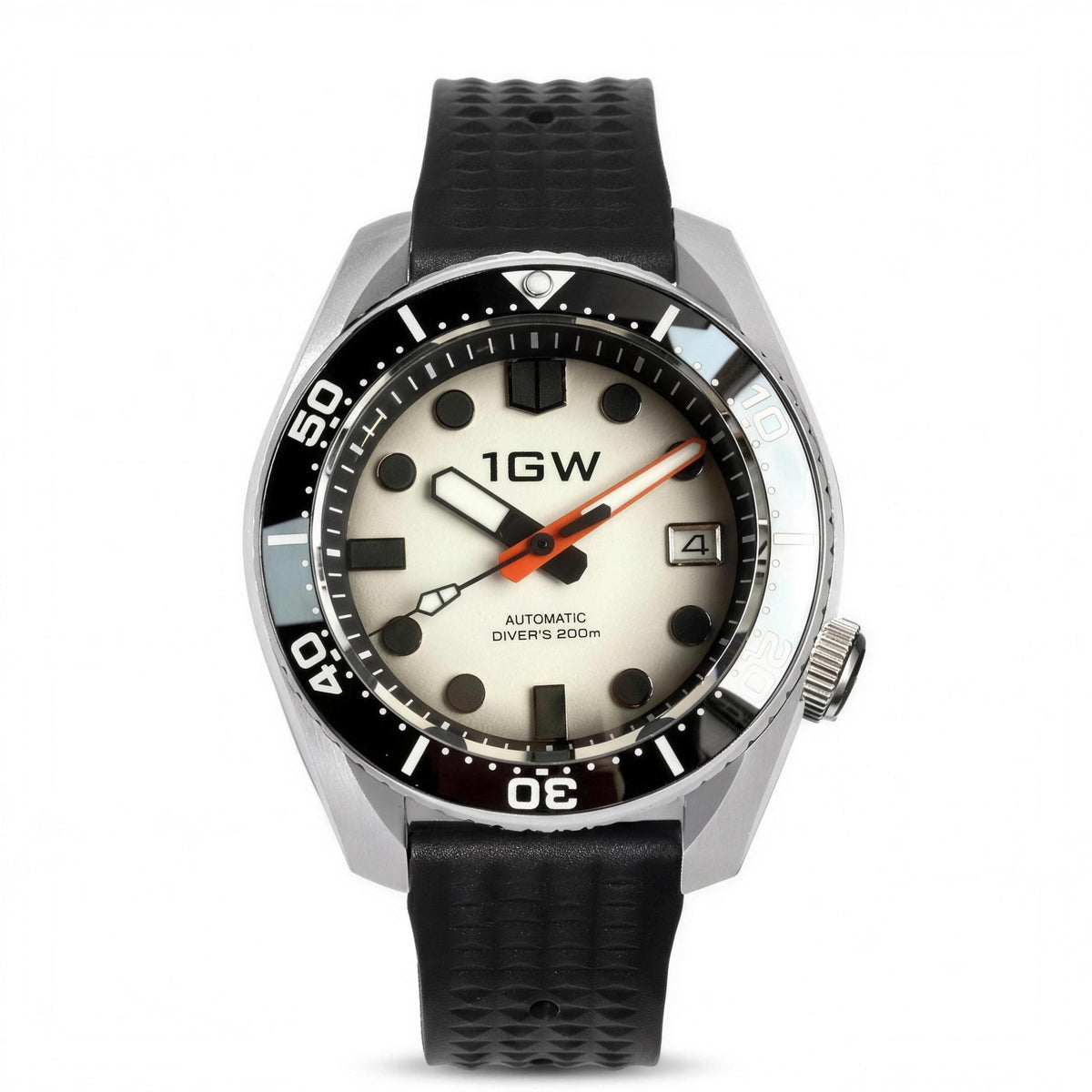 1GW Lume Cream Diver automatic watch, cream lume dial, black dive bezel, black rubber strap