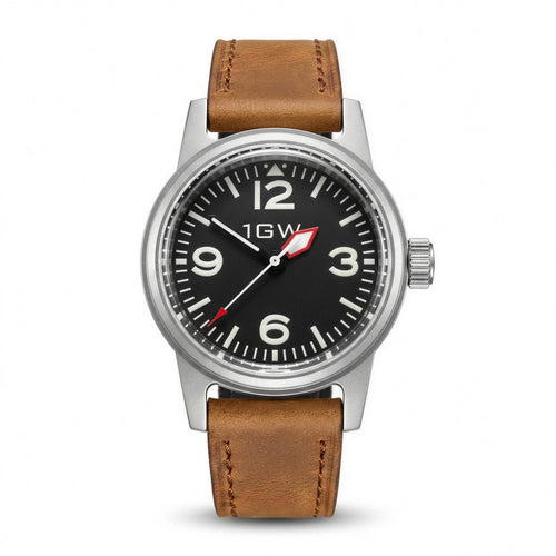 1GW Black Explorer NH35 automatic watch, black dial, brown leather strap