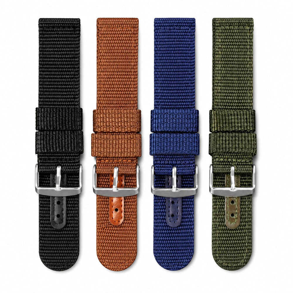 Four 1GW ballistic nylon quick-release watch straps in Black, Khaki, Blue, and Green on a white background
