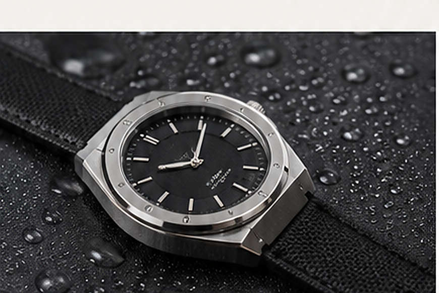 Black strap and watch with water droplets