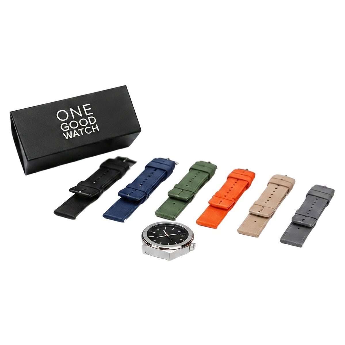 Build Your 3-Pack: six 20mm quick-release straps in black, navy, green, orange, beige and grey with a steel watch and a One Good Watch box