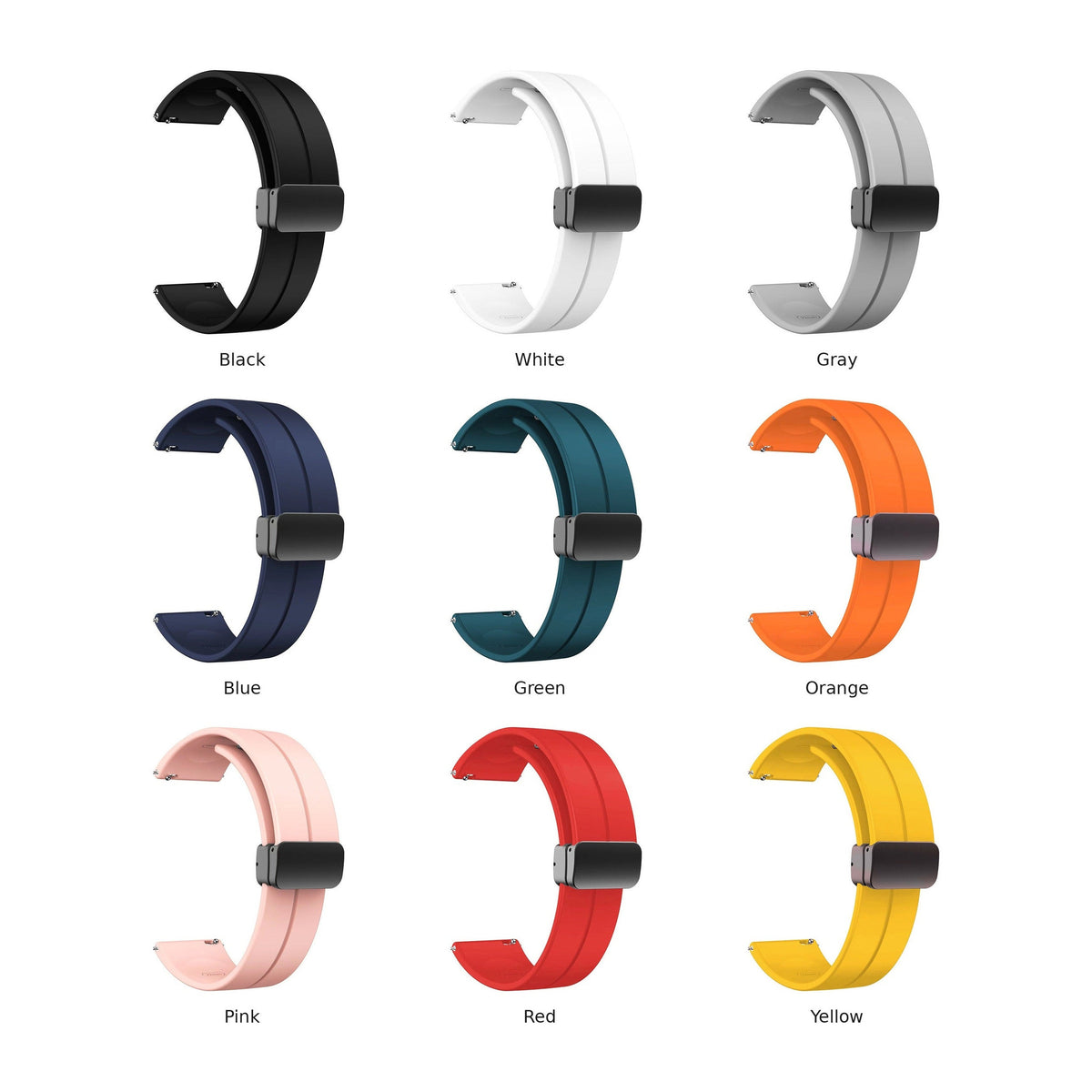 All nine colors of the 1GW magnetic silicone watch strap: black, white, gray, blue, green, orange, pink, red and yellow