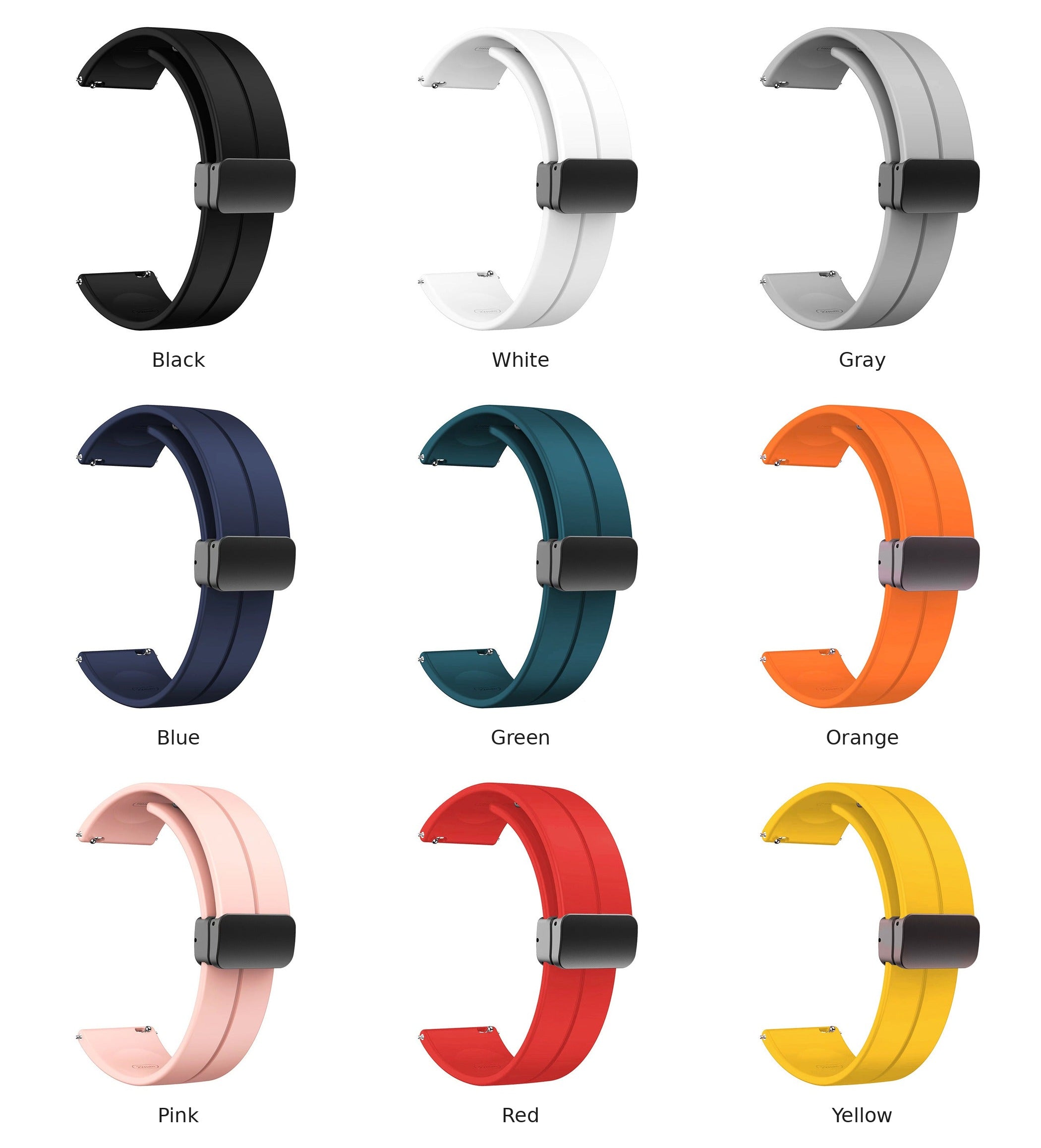 All nine colors of the 1GW magnetic silicone watch strap: black, white, gray, blue, green, orange, pink, red and yellow