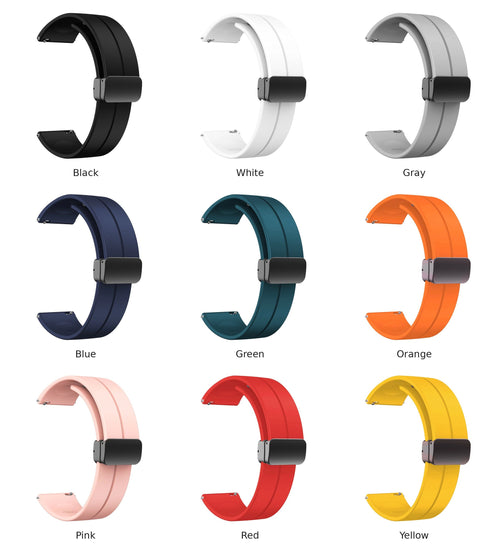 All nine colors of the 1GW magnetic silicone watch strap: black, white, gray, blue, green, orange, pink, red and yellow
