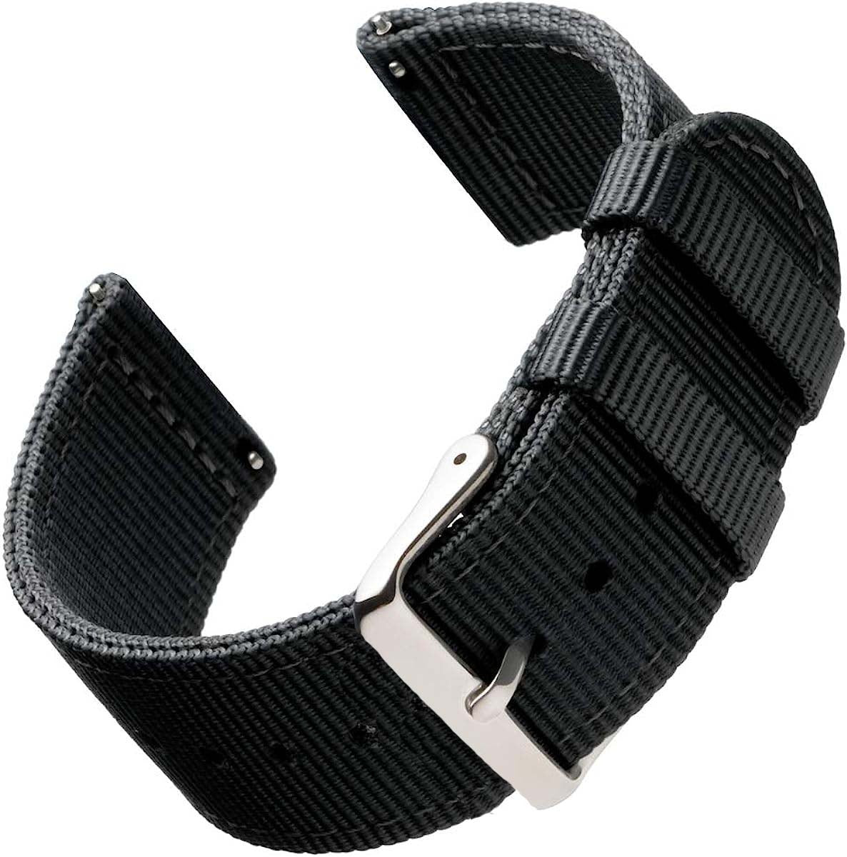 Black woven nylon quick-release watch strap with silver buckle and keepers