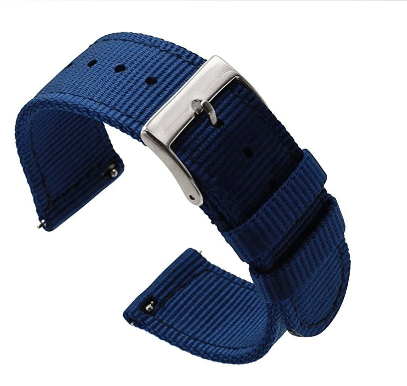 Blue woven nylon quick-release watch strap with silver buckle and keepers