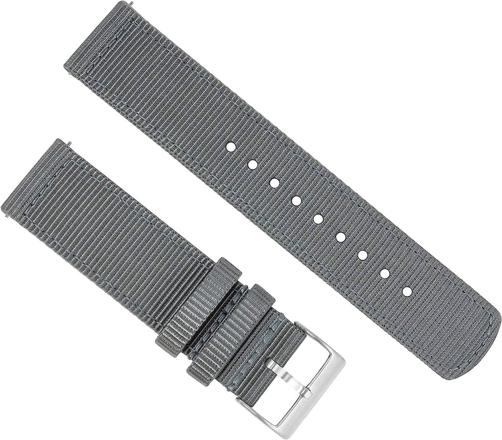 Gray woven nylon quick-release watch strap with silver buckle and keepers