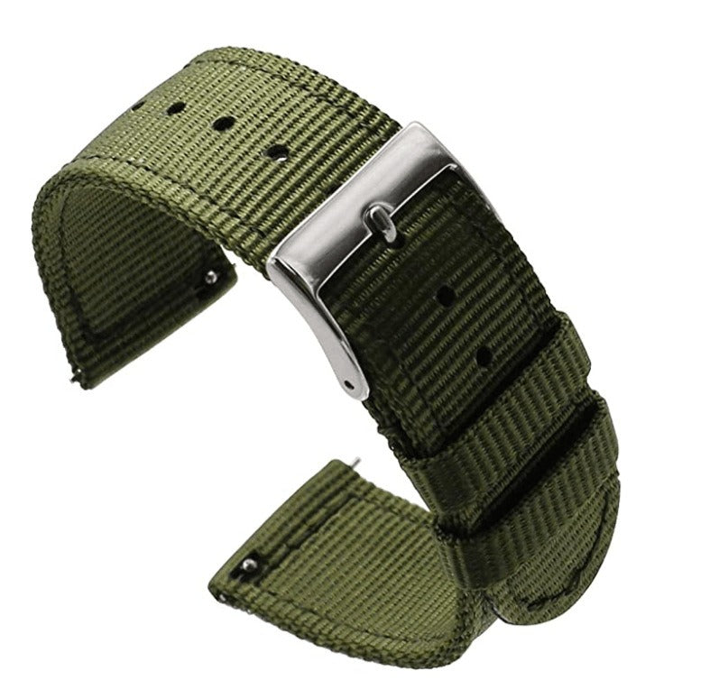Army green woven nylon quick-release watch strap with silver buckle and keepers