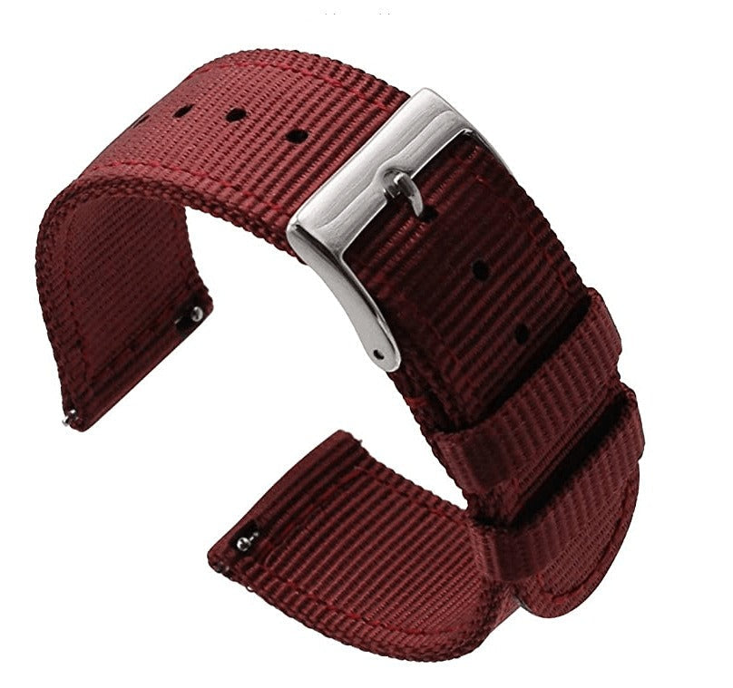 Dark red woven nylon quick-release watch strap with silver buckle and keepers