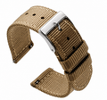 Tan woven nylon quick-release watch strap with silver buckle and keepers