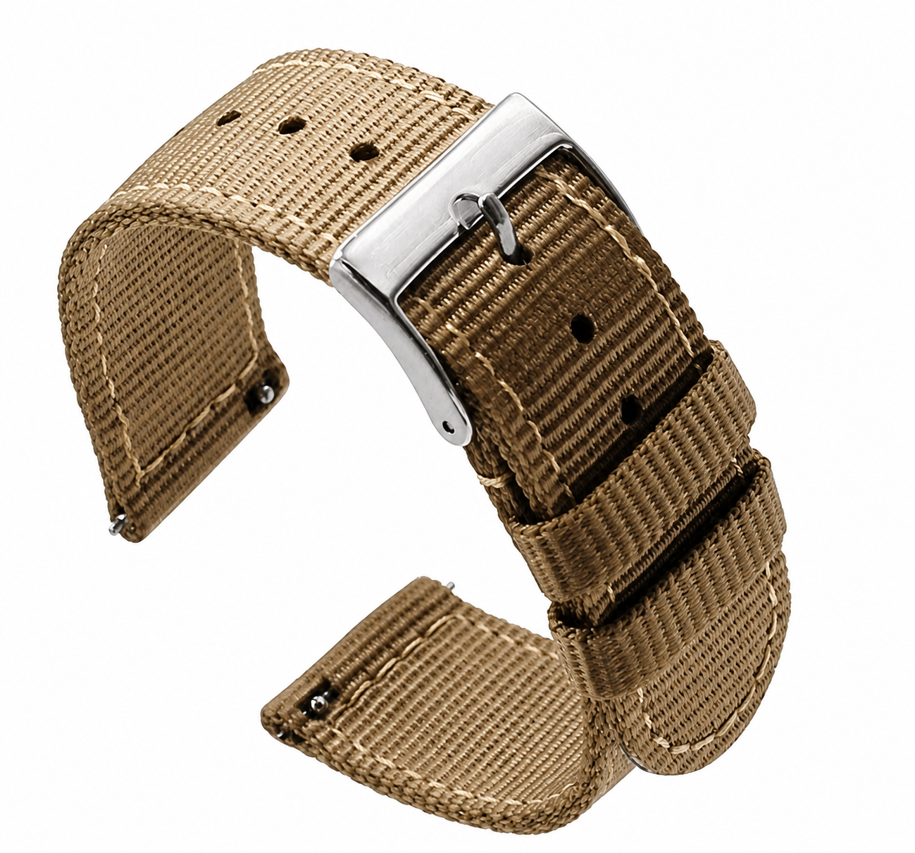 Tan woven nylon quick-release watch strap with silver buckle and keepers