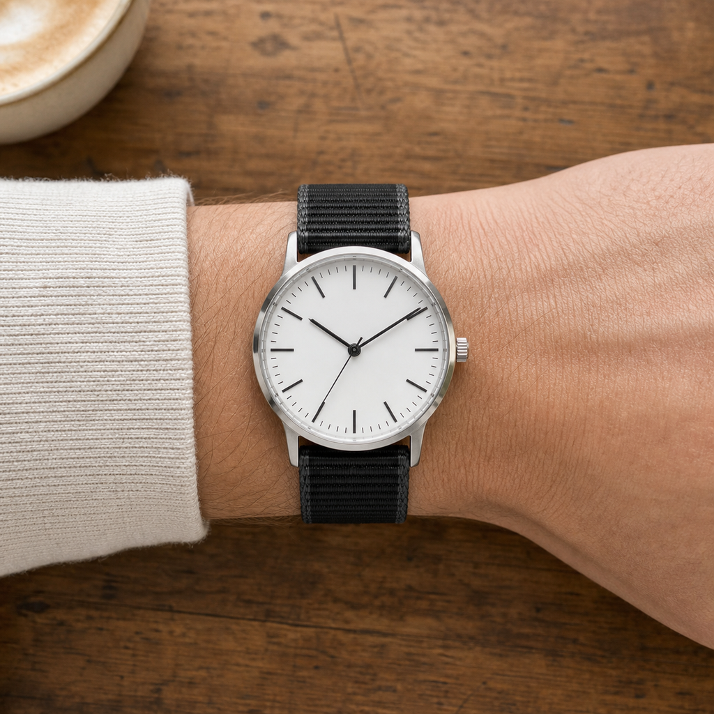 Black woven nylon quick-release watch strap worn in a top-down café view