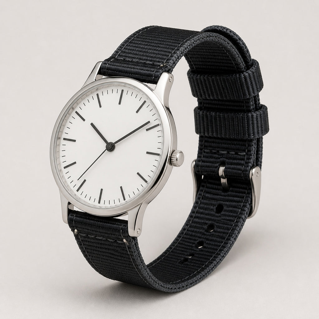 Black woven nylon quick-release strap installed on a slim silver watch