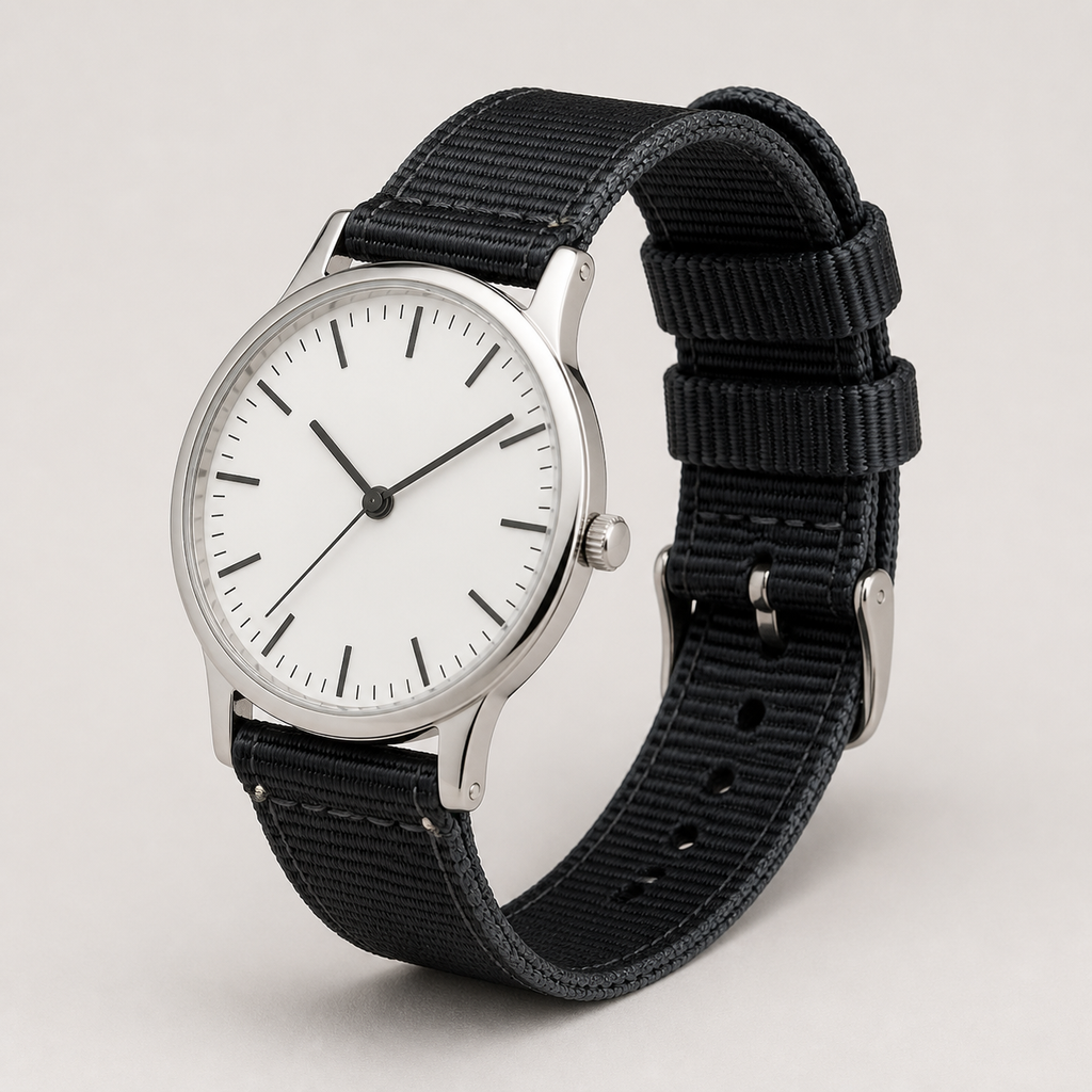 Black woven nylon quick-release strap installed on a slim silver watch