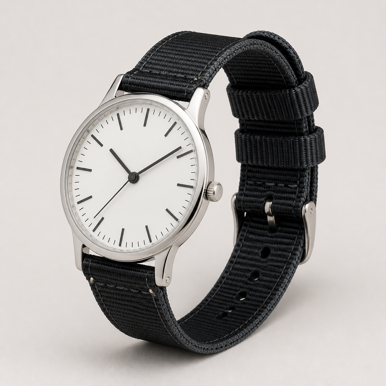 Black woven nylon quick-release strap installed on a slim silver watch