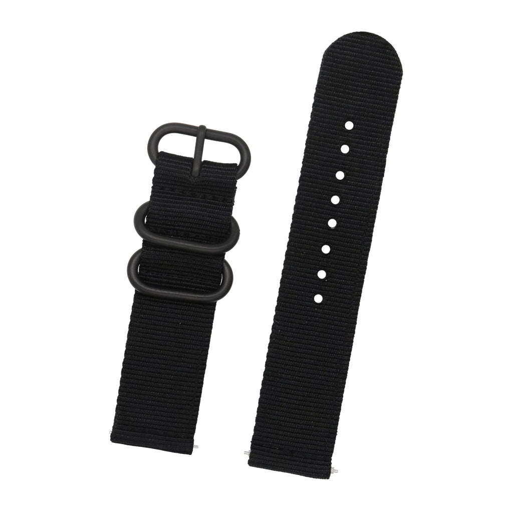 Black nylon quick-release watch strap, 20mm, on white background