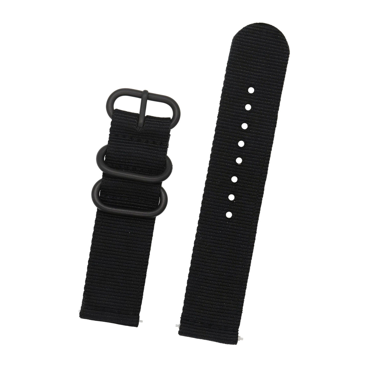 Black nylon quick-release watch strap, 20mm, on white background
