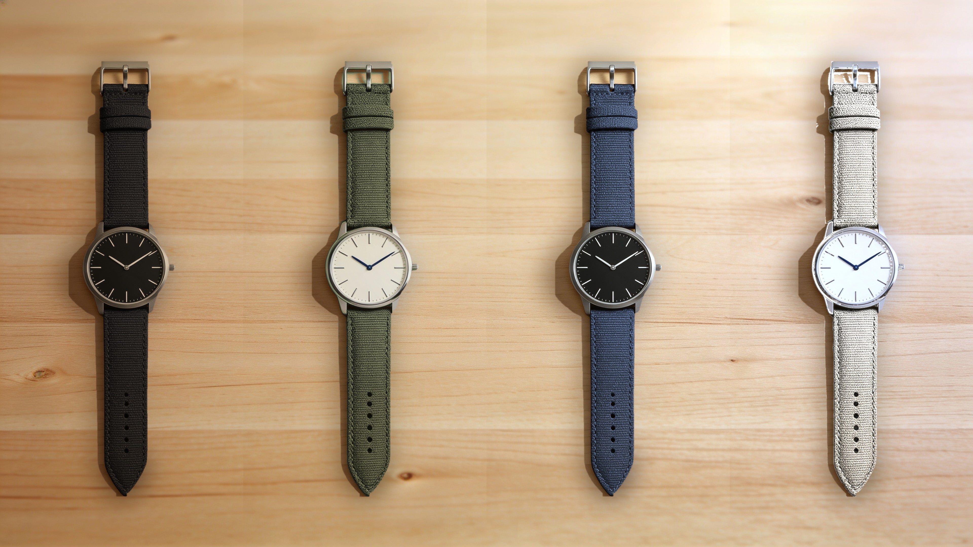 1GW Sailcloth quick-release watch strap in black, green, blue and beige, flat lay on wood