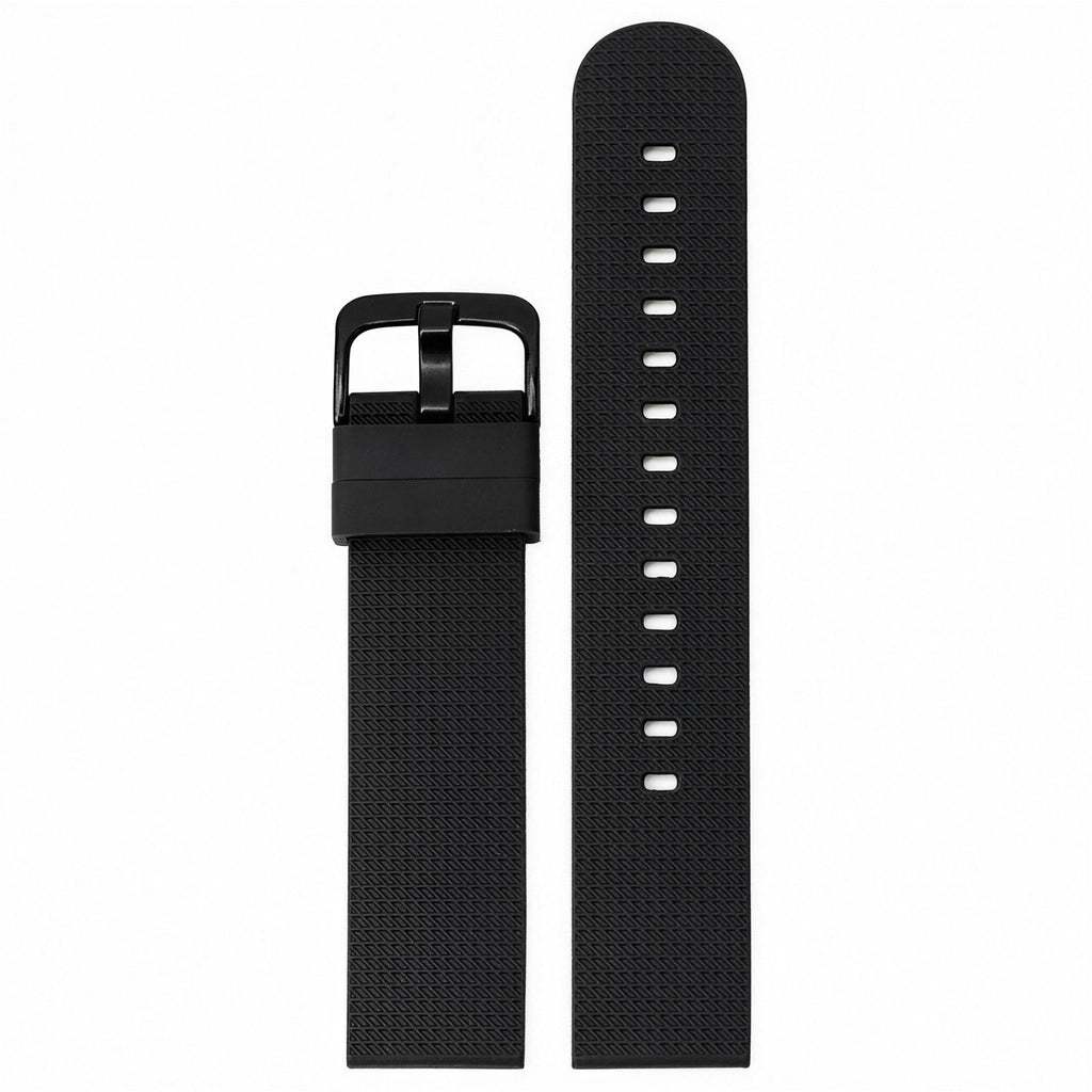 Black silicone quick-release watch strap with matte black buckle