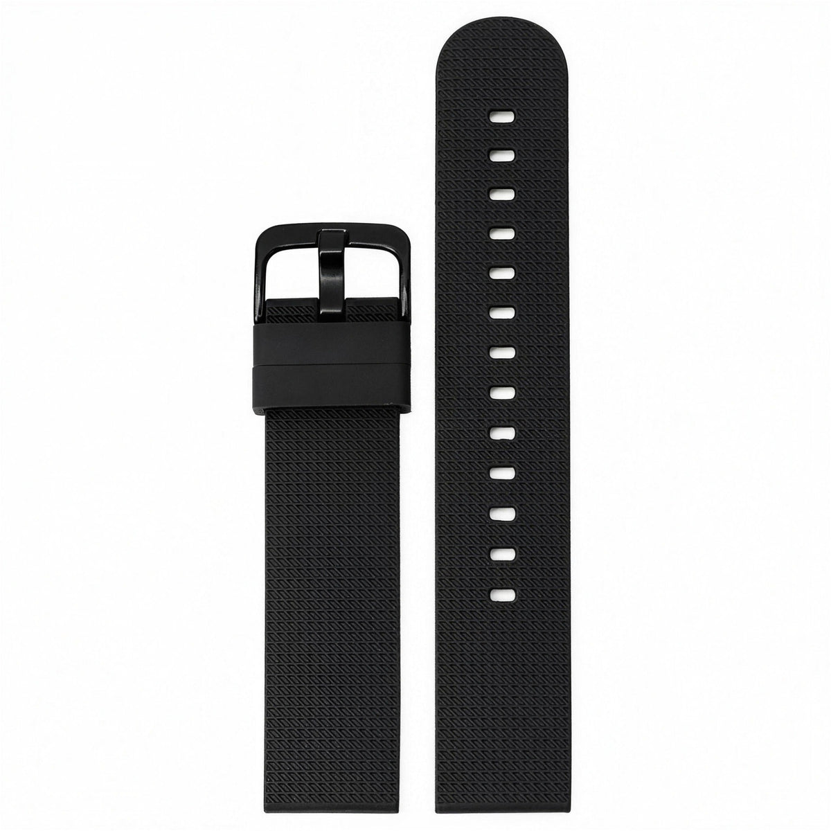 Black silicone quick-release watch strap with matte black buckle