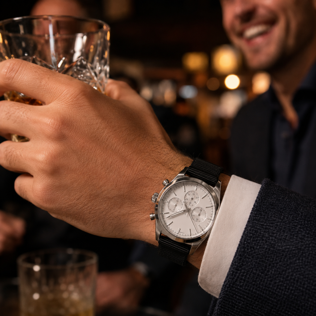 Night out scene with white chronograph watch on black fabric strap