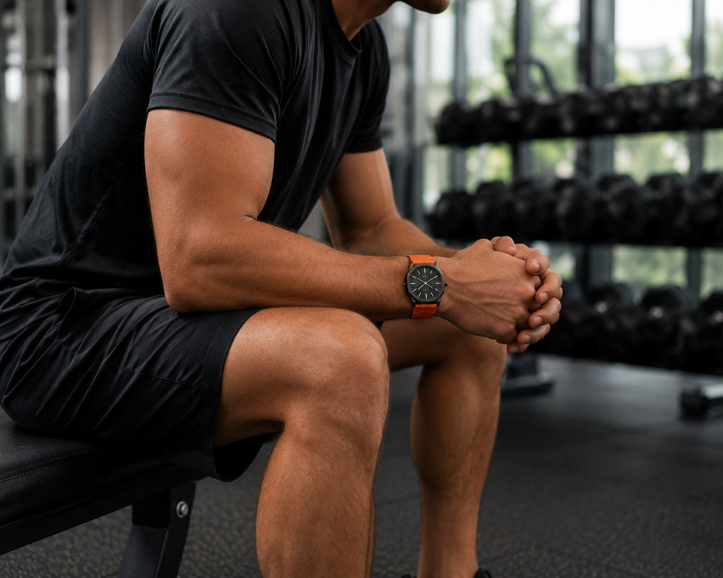 Orange silicone strap worn on a gym bench, One Good Watch lifestyle image