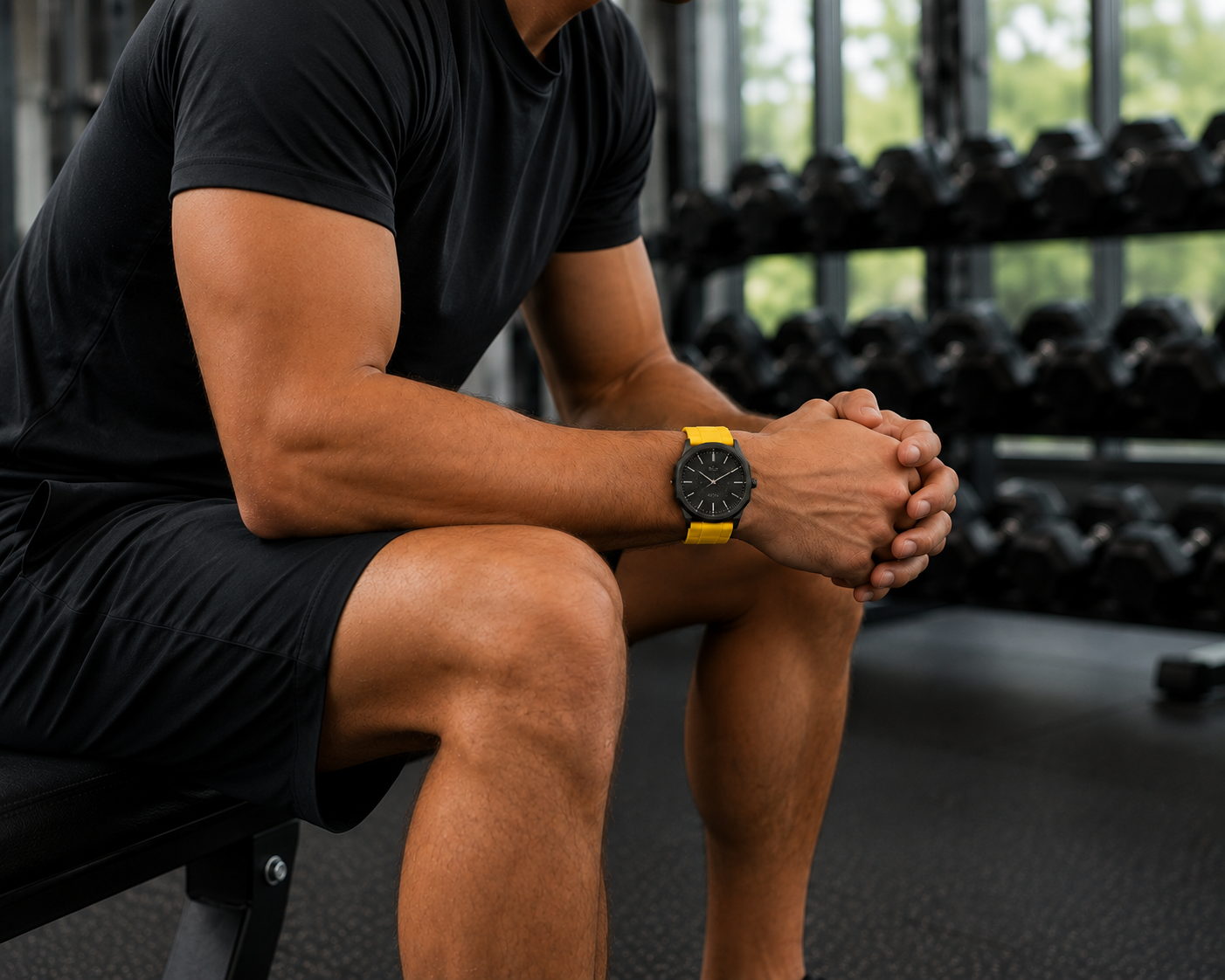 Yellow silicone strap worn on a gym bench, One Good Watch lifestyle image