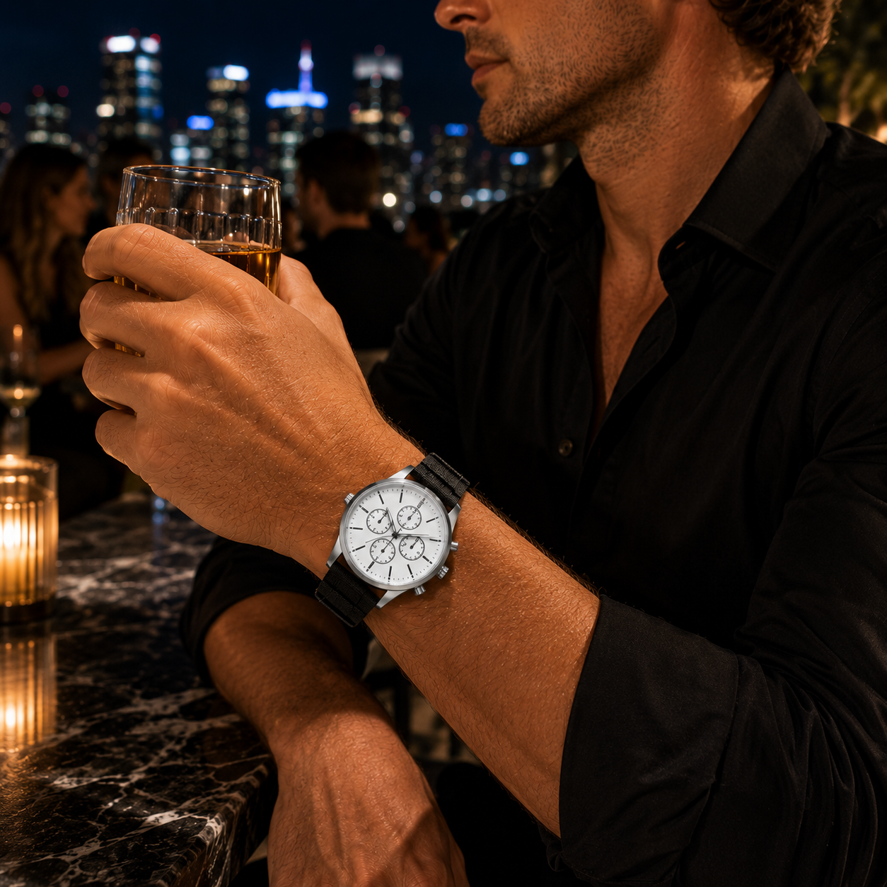 Night out with white chronograph watch on black woven fabric strap