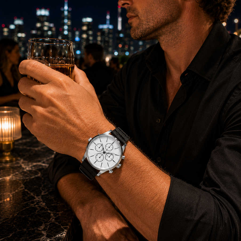 Night out with large white chronograph watch on black woven fabric strap