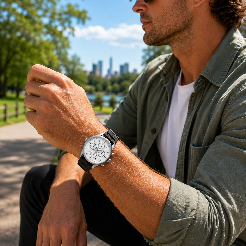 Daytime park lifestyle with white chronograph watch on black fabric strap