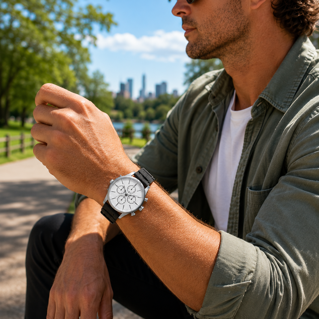 Daytime park lifestyle with white chronograph watch on black fabric strap