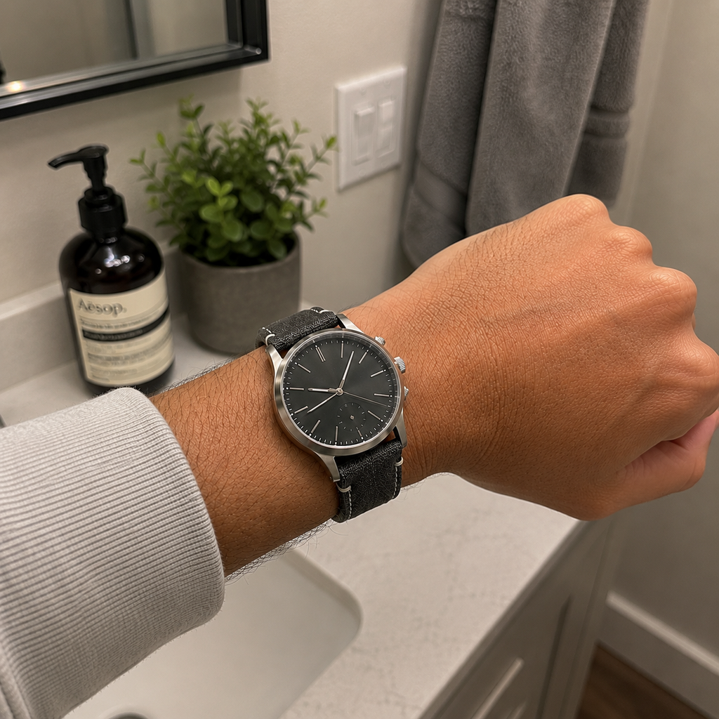 Customer-style iPhone bathroom wrist photo with black canvas strap