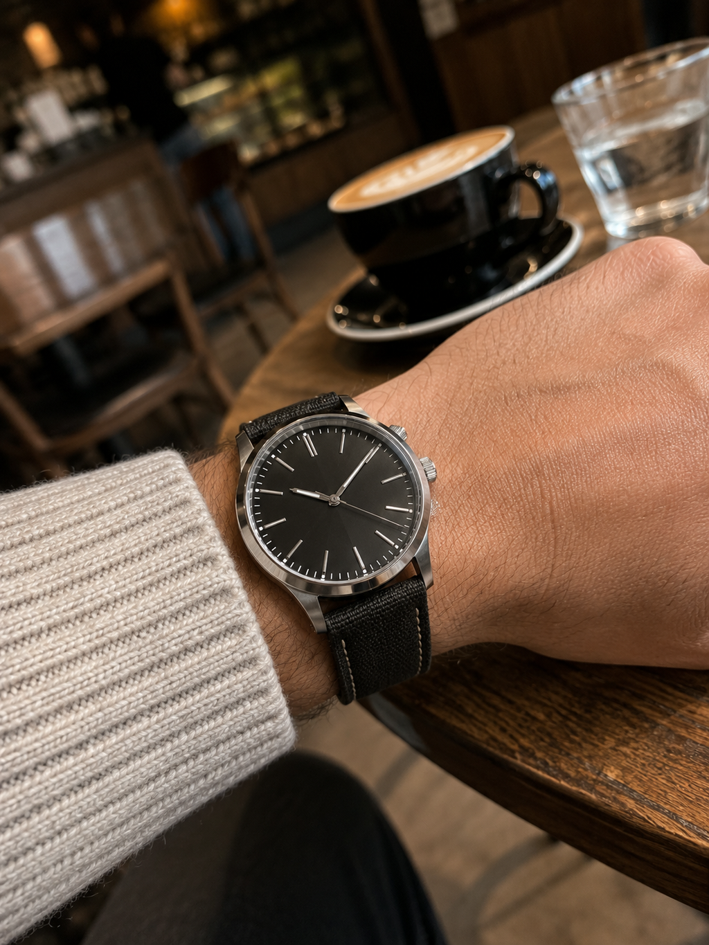 Customer-style iPhone wrist photo with black canvas strap at cafe