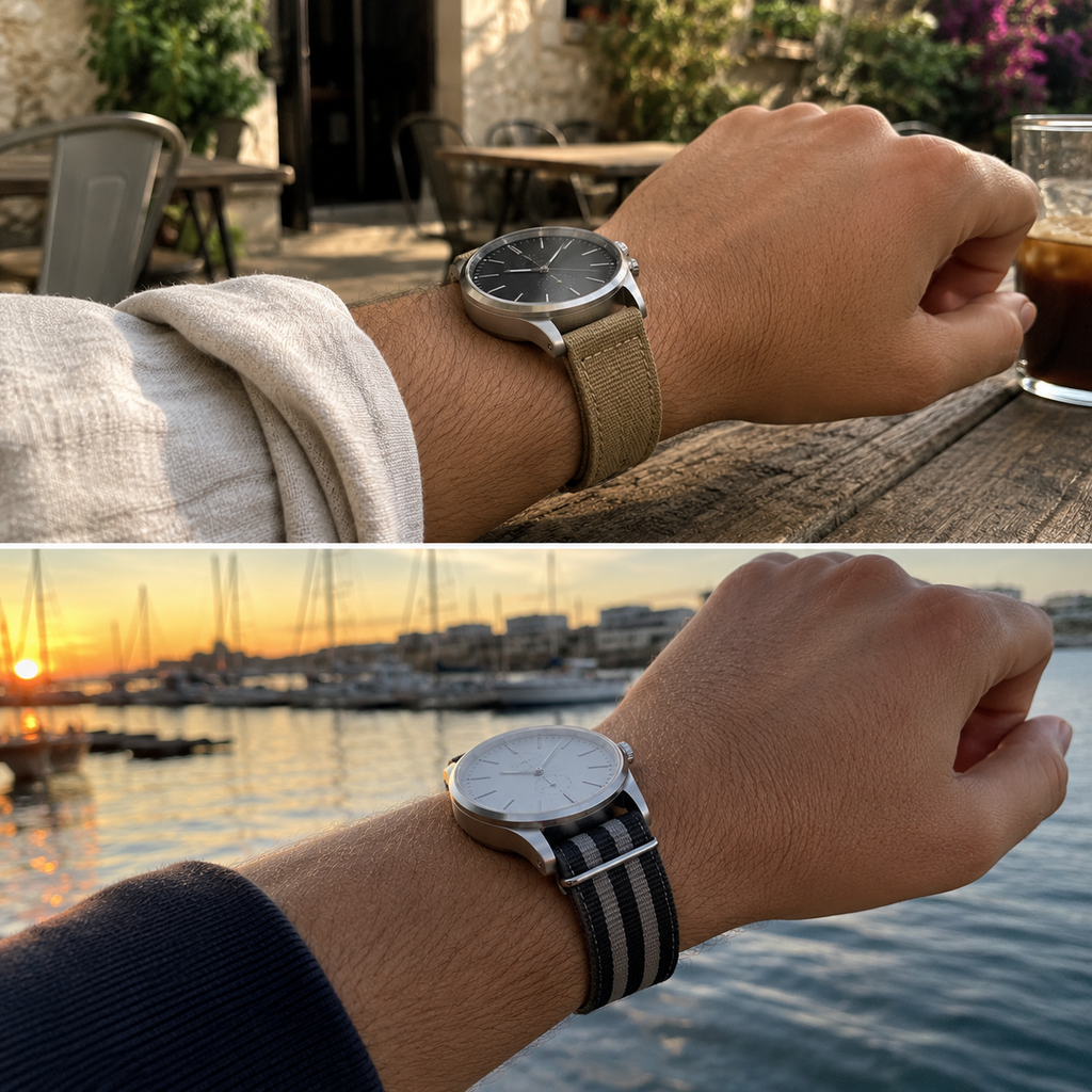 Customer-style wrist photos with tan canvas and striped nylon straps
