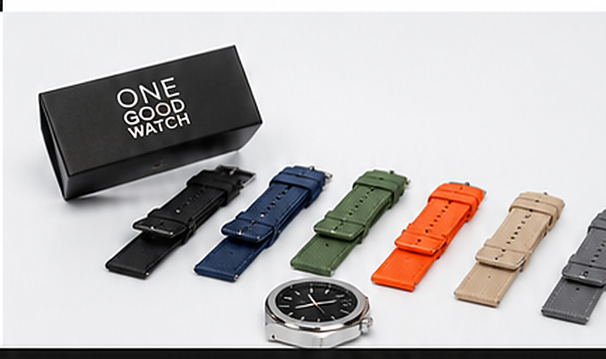 Strap pack flat lay with watch and box