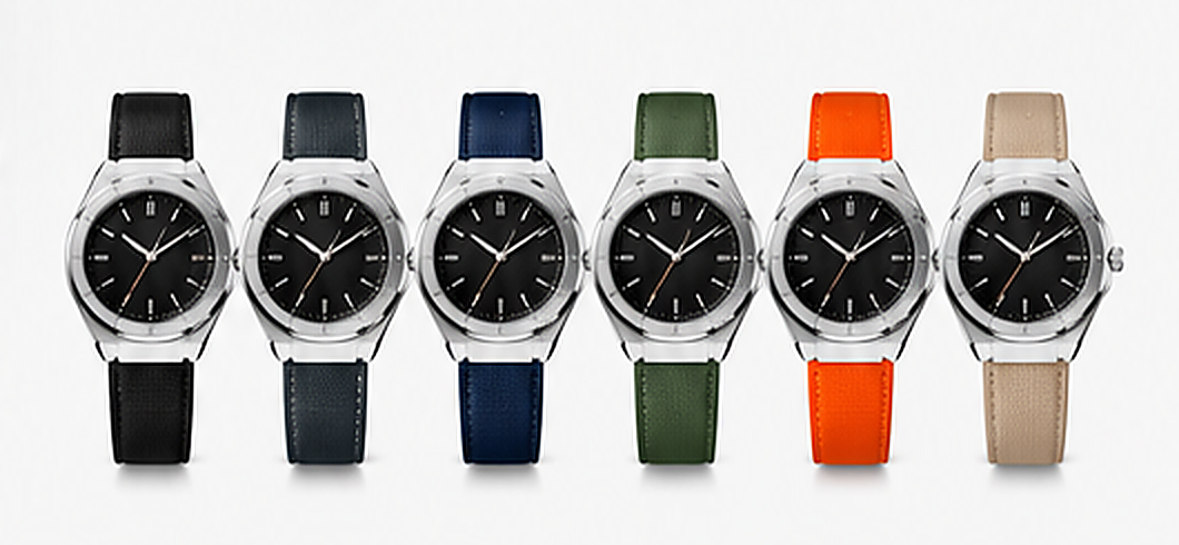 Six One Good Watch watches shown with black, charcoal, navy, green, bright orange, and beige straps