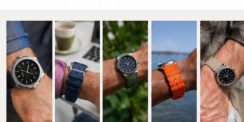 Five wrist views showing one watch with black, navy, green, bright orange, and beige straps